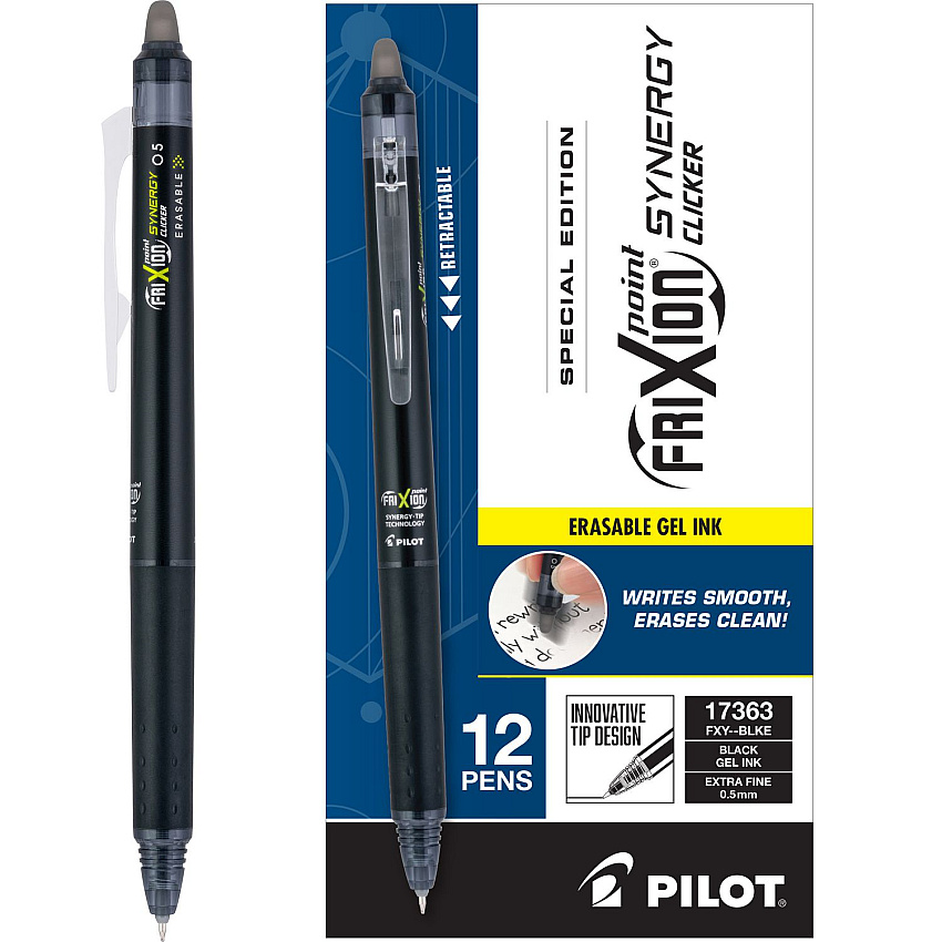 Pilot FriXion Synergy Clicker Erasable Gel Pen, Retractable, Extra-Fine 0.5 mm, Black Ink, Black/Smoke Barrel, Dozen (17363)
