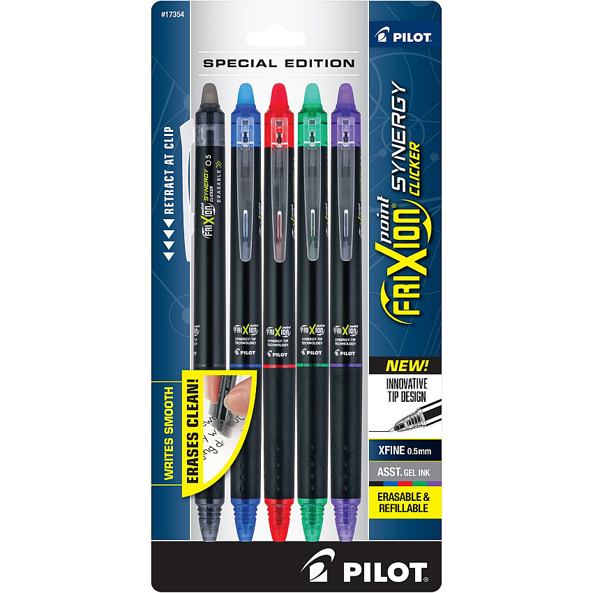 Pilot FriXion Synergy Clicker Erasable Gel Pen, Retractable, Extra-Fine 0.5 mm, Assorted Ink/Barrel Colors, 5/Pack (17354)