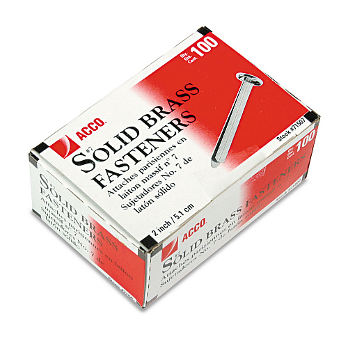 ACCO Brass Prong Paper Fasteners, #7, 2" Capacity, Brass, 100/Box (71507)