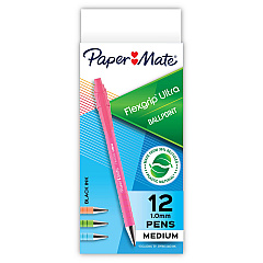 Paper Mate FlexGrip Ultra Recycled Ballpoint Pen, Retractable, Medium, 1 mm, Black Ink, Assorted Barrels, Dozen (2204001)