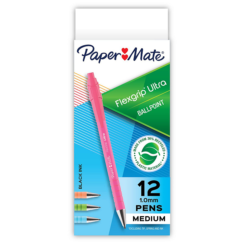 Paper Mate FlexGrip Ultra Recycled Ballpoint Pen, Retractable, Medium, 1 mm, Black Ink, Assorted Barrels, Dozen (2204001)