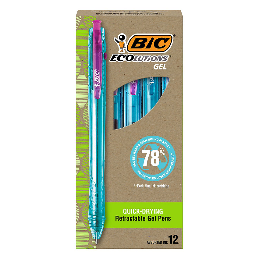 BIC Ecolutions Gel Pen, Retractable, Medium 1 mm, Assorted Ink, Blue Barrel, Dozen (BICRGLE11AST)