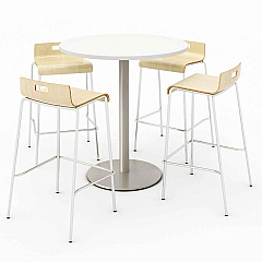 KFI Studios Pedestal Bistro Table with Four Natural Jive Series Barstools, Round, 36" Dia x 41h, Designer White (840031900104)