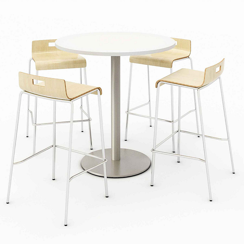 KFI Studios Pedestal Bistro Table with Four Natural Jive Series Barstools, Round, 36" Dia x 41h, Designer White (840031900104)