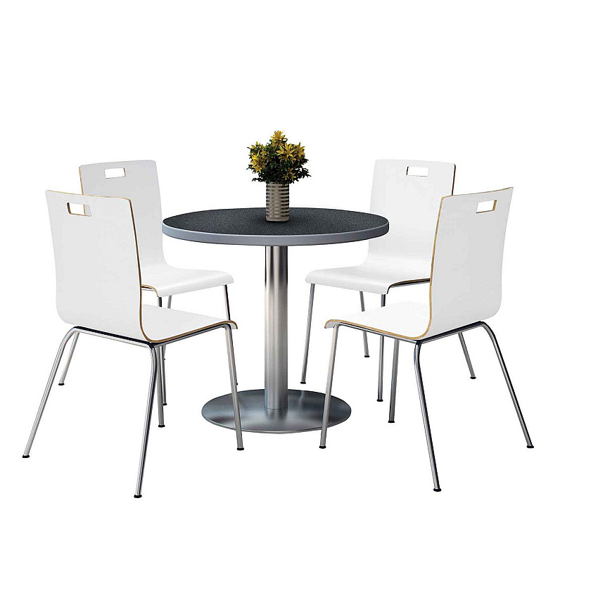 KFI Studios Pedestal Table with Four White Jive Series Chairs, Round, 36" Dia x 29h, Graphite Nebula (810389025026)