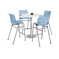 KFI Studios Pedestal Bistro Table with Four Sky Blue Kool Series Barstools, Round, 36" Dia x 41h, Designer White (811774037143)