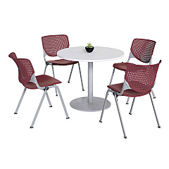 KFI Studios Pedestal Table with Four Burgundy Kool Series Chairs, Round, 36" Dia x 29h, Designer White (811774036672)