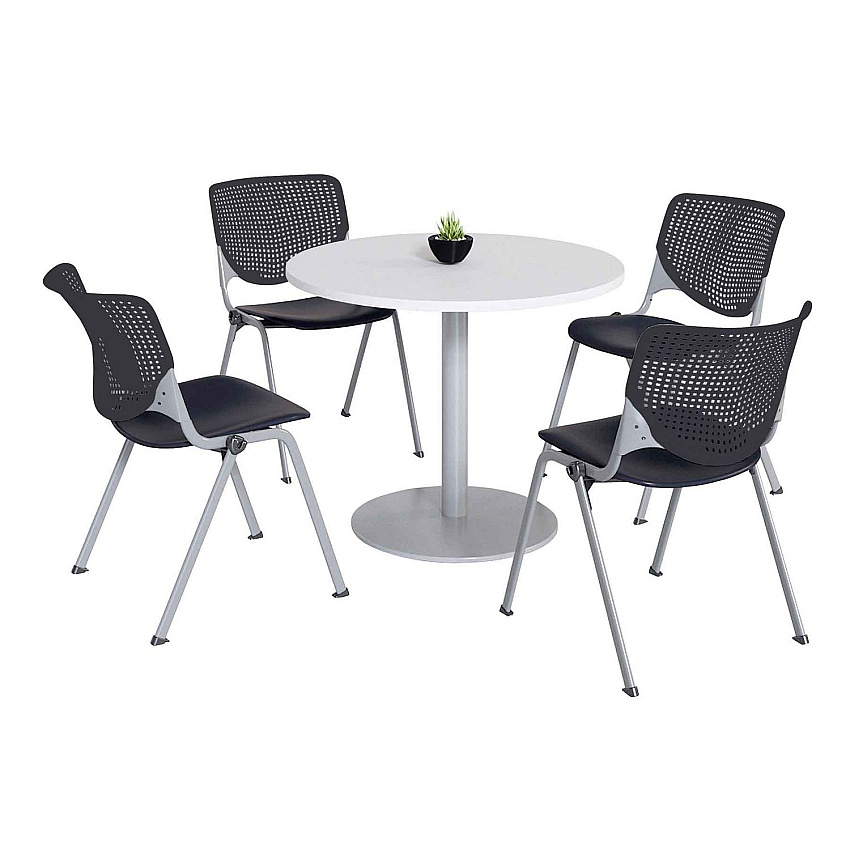 KFI Studios Pedestal Table with Four Black Kool Series Chairs, Round, 36" Dia x 29h, Designer White (811774036696)
