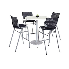 KFI Studios Pedestal Bistro Table with Four Black Kool Series Barstools, Round, 36" Dia x 41h, Designer White (811774037082)
