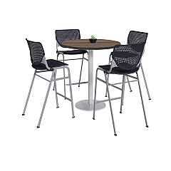 KFI Studios Pedestal Bistro Table with Four Black Kool Series Barstools, Round, 36" Dia x 41h, Studio Teak (811774037280)