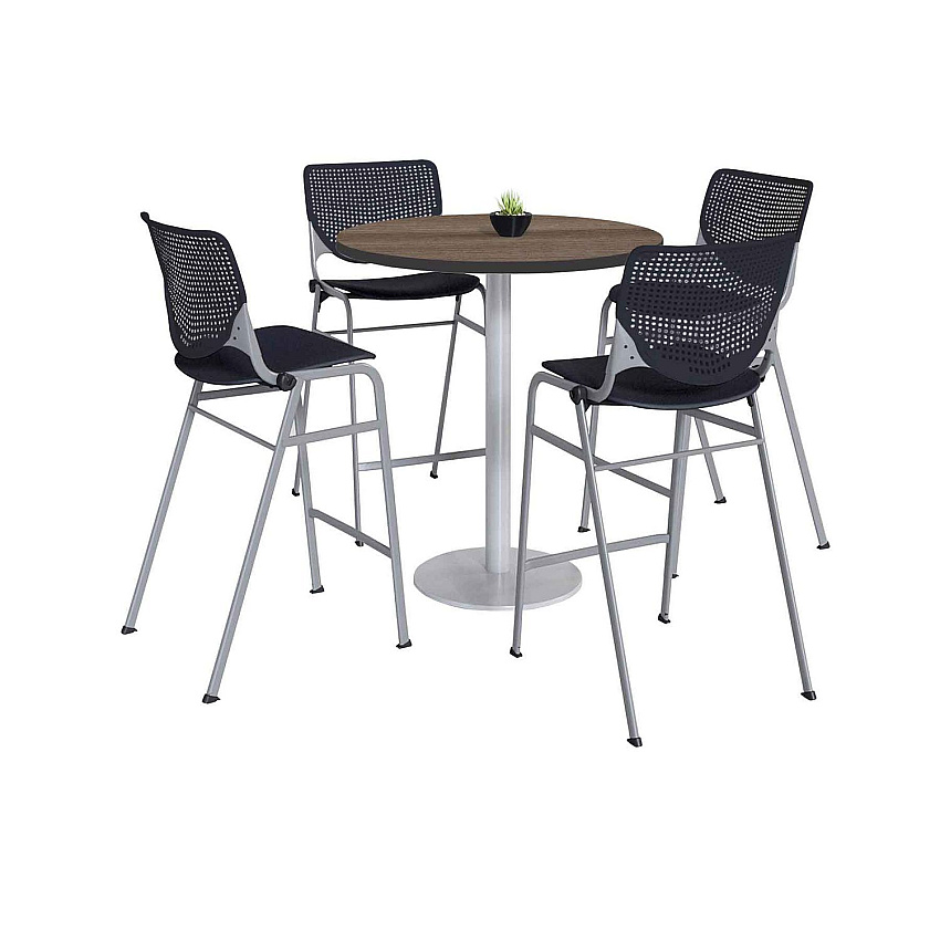 KFI Studios Pedestal Bistro Table with Four Black Kool Series Barstools, Round, 36" Dia x 41h, Studio Teak (811774037280)