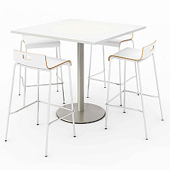 KFI Studios Pedestal Bistro Table with Four White Jive Series Barstools, Square, 36 x 36 x 41, Designer White (811774039918)