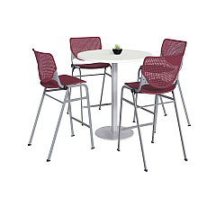 KFI Studios Pedestal Bistro Table with Four Burgundy Kool Series Barstools, Round, 36" Dia x 41h, Designer White (811774037068)
