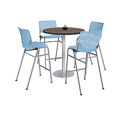 KFI Studios Pedestal Bistro Table with Four Sky Blue Kool Series Barstools, Round, 36" Dia x 41h, Studio Teak (811774037297)