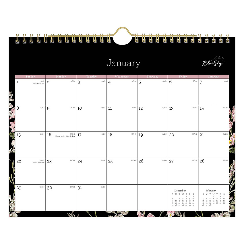 Blue Sky Neveah Monthly Wall Calendar, Floral Artwork, 11" x 8.75", White/Black/Pink Sheets, 12-Month (Jan to Dec): 2025 (139941)