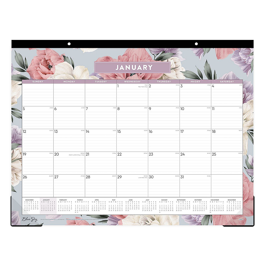 Blue Sky Tula Monthly Desk Pad Calendar, Floral Artwork, 22" x 17", White/Purple/Pink Sheets, Black Headband, 12-Month (Jan-Dec): 2025 (144086)