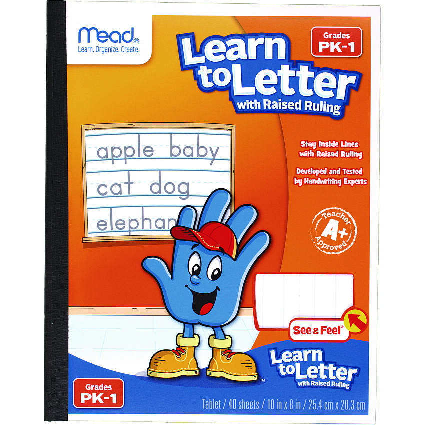 Mead Learn to Letter Writing Tablet with Raised Ruling, Primary Rule, Orange Cover, (40) 10 x 8 Sheets (48122)