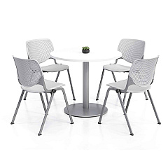 KFI Studios Pedestal Table with Four Light Gray Kool Series Chairs, Round, 36" Dia x 29h, Designer White (811774036719)