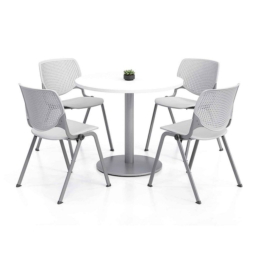 KFI Studios Pedestal Table with Four Light Gray Kool Series Chairs, Round, 36" Dia x 29h, Designer White (811774036719)