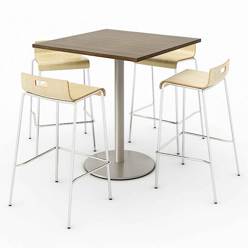 KFI Studios Pedestal Bistro Table with Four Natural Jive Series Barstools, Square, 36 x 36 x 41, Studio Teak (811774039925)