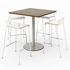 KFI Studios Pedestal Bistro Table with Four White Jive Series Barstools, Square, 36 x 36 x 41, Studio Teak (811774039932)