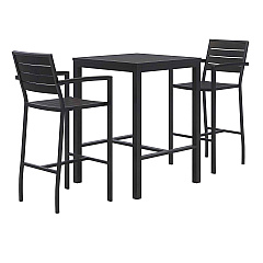 KFI Studios Eveleen Outdoor Bistro Patio Table with Two Black Powder-Coated Polymer Barstools, 30" Square, Black (840031925275)