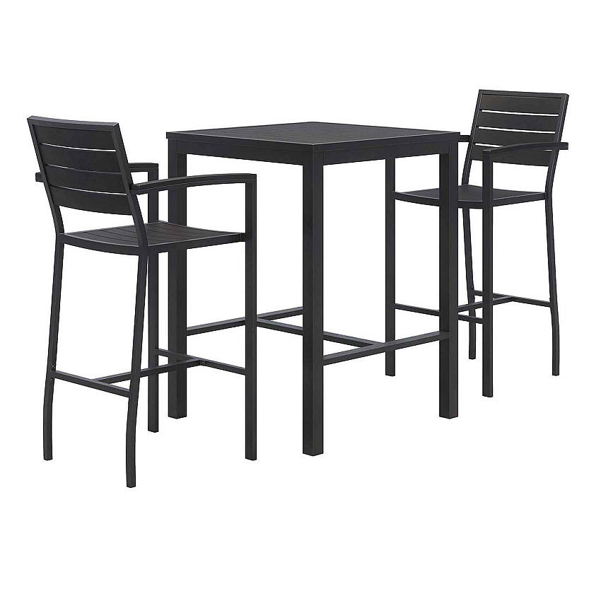 KFI Studios Eveleen Outdoor Bistro Patio Table with Two Black Powder-Coated Polymer Barstools, 30" Square, Black (840031925275)