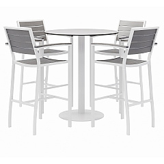 KFI Studios Eveleen Outdoor Bistro Patio Table with Four Gray Powder-Coated Polymer Barstools, Round, 41"h, White (840031918512)