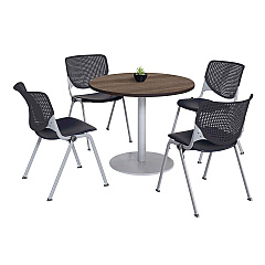 KFI Studios Pedestal Table with Four Black Kool Series Chairs, Round, 36" Dia x 29h, Studio Teak (811774036894)