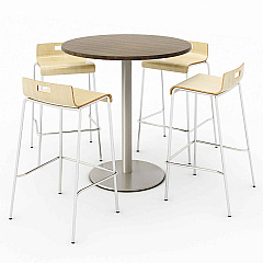 KFI Studios Pedestal Bistro Table with Four Natural Jive Series Barstools, Round, 36" Dia x 41h, Studio Teak (840031900135)