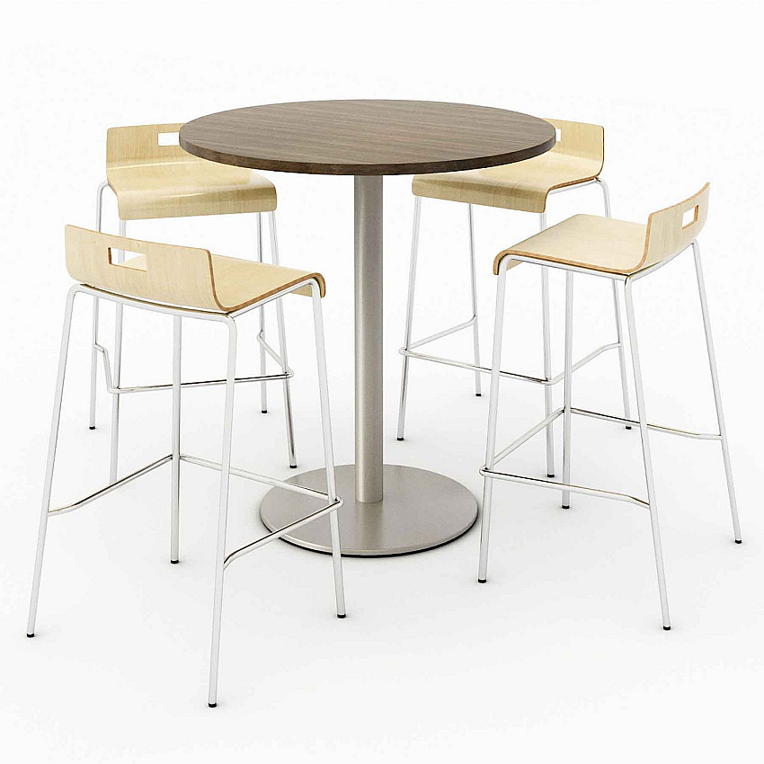 KFI Studios Pedestal Bistro Table with Four Natural Jive Series Barstools, Round, 36" Dia x 41h, Studio Teak (840031900135)