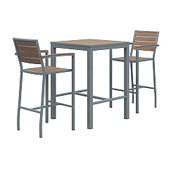 KFI Studios Eveleen Outdoor Bistro Patio Table with Two Mocha Powder-Coated Polymer Barstools, 30" Square, Mocha (840031925251)