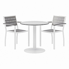 KFI Studios Eveleen Outdoor Patio Table with Two Gray Powder-Coated Polymer Chairs, 30" Dia x 29h, Designer White (840031918451)