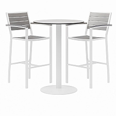 KFI Studios Eveleen Outdoor Bistro Patio Table, Two Gray Powder-Coated Polymer Barstools, Round, 30" Dia x 41h, White (840031918475)