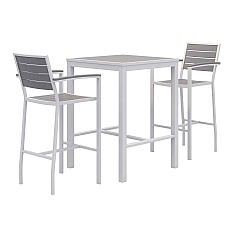 KFI Studios Eveleen Outdoor Bistro Patio Table with Two Gray Powder-Coated Polymer Barstools, 30" Square, Gray (840031925268)