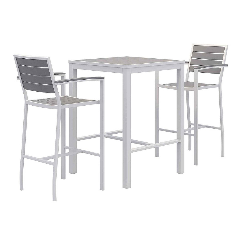 KFI Studios Eveleen Outdoor Bistro Patio Table with Two Gray Powder-Coated Polymer Barstools, 30" Square, Gray (840031925268)