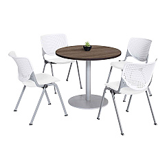 KFI Studios Pedestal Table with Four White Kool Series Chairs, Round, 36" Dia x 29h, Studio Teak (811774036887)