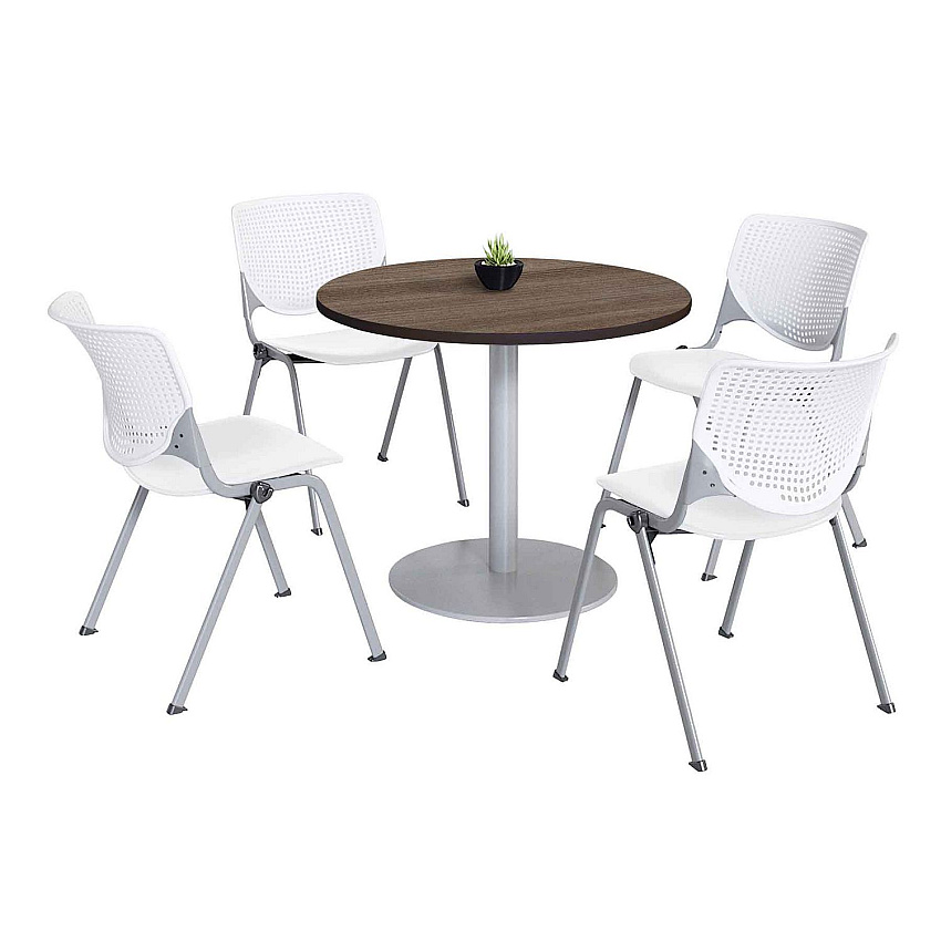 KFI Studios Pedestal Table with Four White Kool Series Chairs, Round, 36" Dia x 29h, Studio Teak (811774036887)
