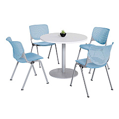 KFI Studios Pedestal Table with Four Sky Blue Kool Series Chairs, Round, 36" Dia x 29h, Designer White (811774036757)