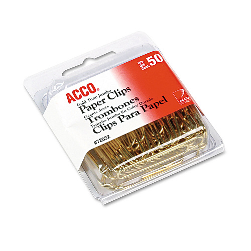 ACCO Gold Tone Paper Clips, Jumbo, Gold Tone, 50/Box (72532)