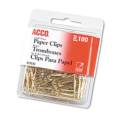 ACCO Gold Tone Paper Clips, Small (No. 2), Gold Tone, 100/Box (72533)