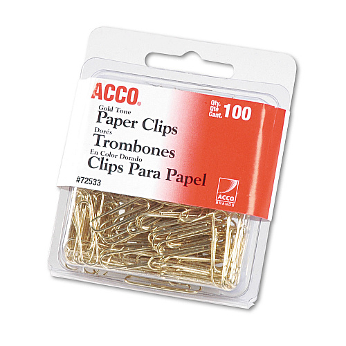 ACCO Gold Tone Paper Clips, Small (No. 2), Gold Tone, 100/Box (72533)