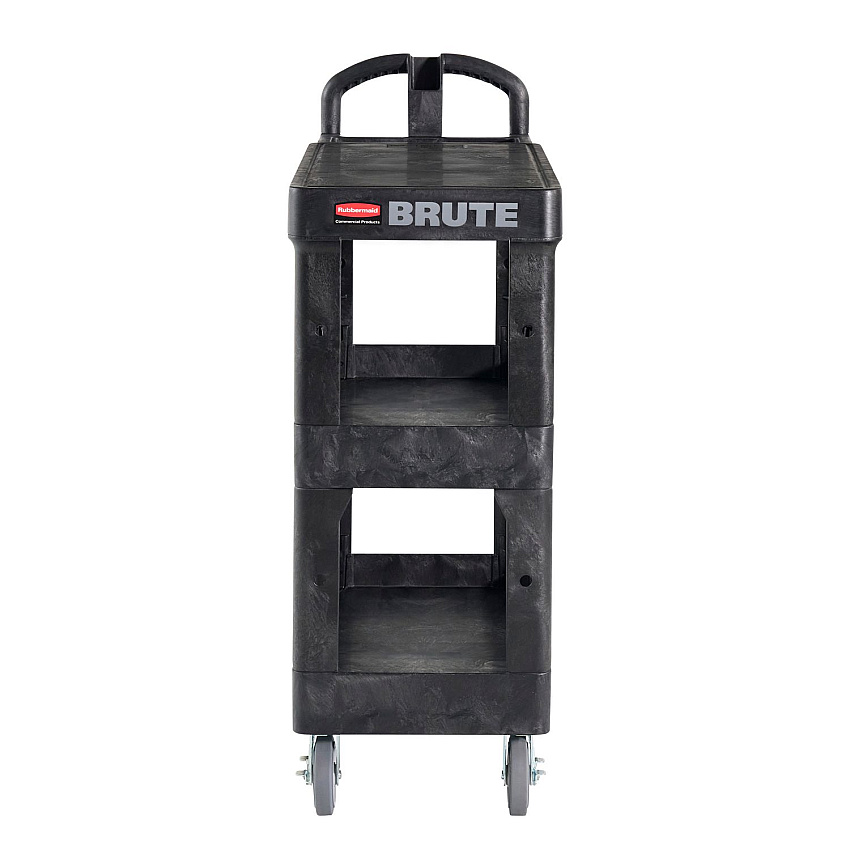 Rubbermaid Commercial BRUTE 3-Shelf Heavy-Duty Ergo Flat Utility Cart, Resin, 3 Shelves, 600 lb Capacity, 25.24" x 48.63" x 46.18", Black (2203280)