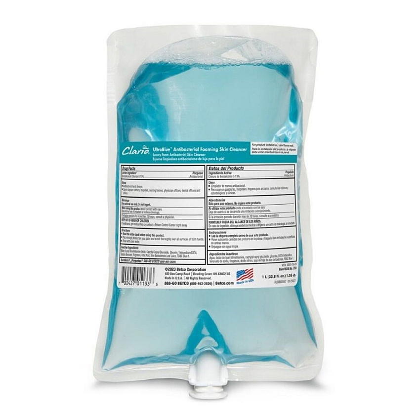 Betco UltraBlue Antibacterial Foaming Skin Cleanser, Fragrance-Free, 1,000 mL Refill Bag, 6/Carton (7592900)