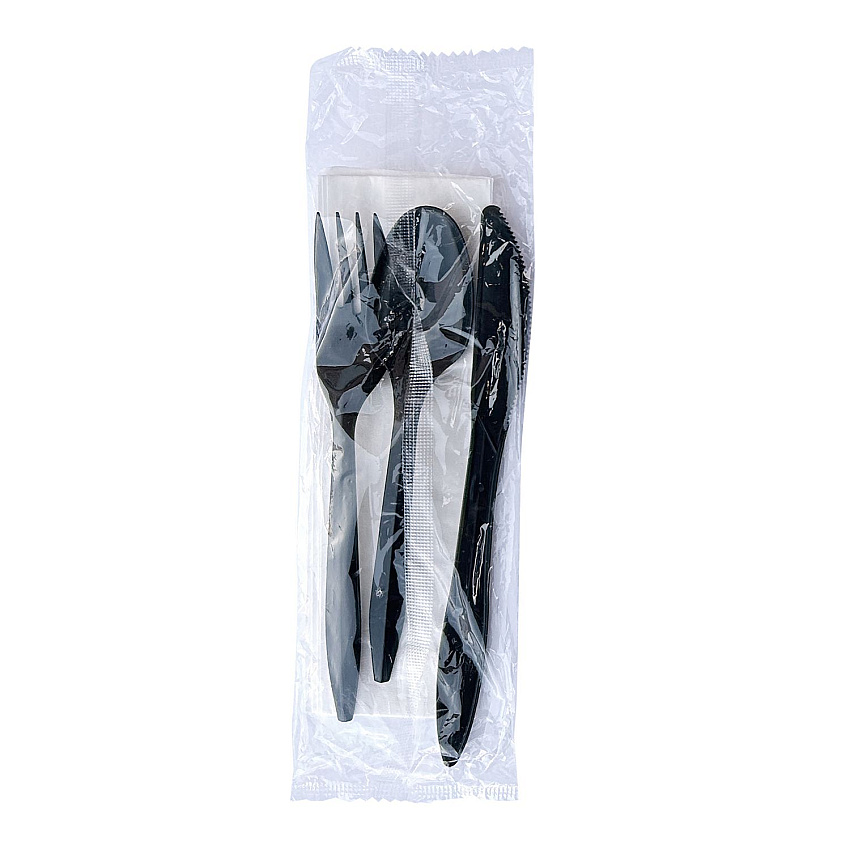 Boardwalk Four-Piece Cutlery Kit, Fork/Knife/Teaspoon/Napkin, Mediumweight, Black, 250/Carton (BWK4KITBLPP)