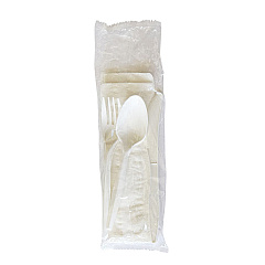 Boardwalk Four-Piece Polypropylene Cutlery Kit, Mediumweight, Fork/Knife/Napkin/Spoon, Plastic, White, 250/Carton (4COMBOKITPP)