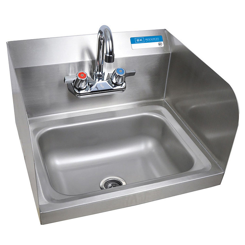 BK Resources Stainless Steel Hand Sink with Side Splashes and Faucet, 14" l x 10" w x 5" h (HSW1410SSP)