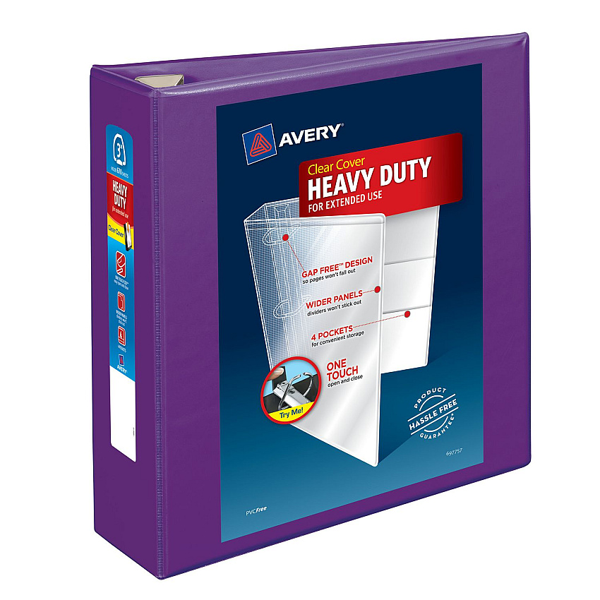 Avery Heavy-Duty View Binder with DuraHinge and One Touch EZD Rings, 3 Rings, 3" Capacity, 11 x 8.5, Purple, 4/Carton (79810CT)