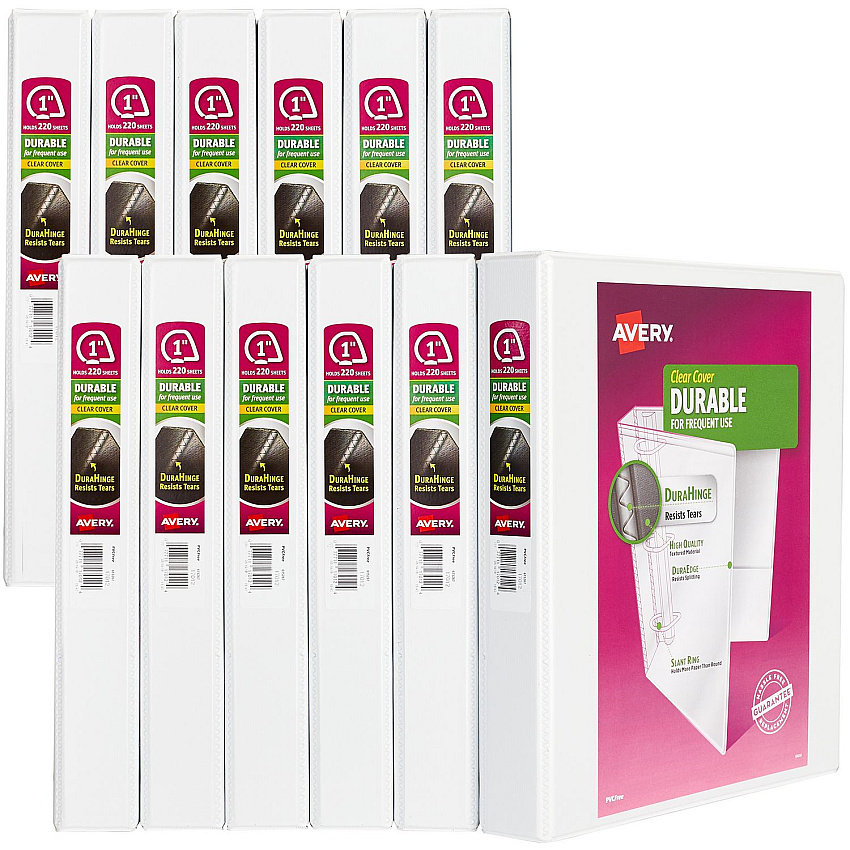 Avery Durable View Binder with DuraHinge and Slant Rings, 3 Rings, 1" Capacity, 11 x 8.5, White, 12/Carton (17012CT)