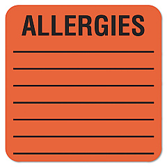 Tabbies Allergy Warning Labels, ALLERGIES, 2 x 2, Fluorescent Red, 500/Roll (40560)